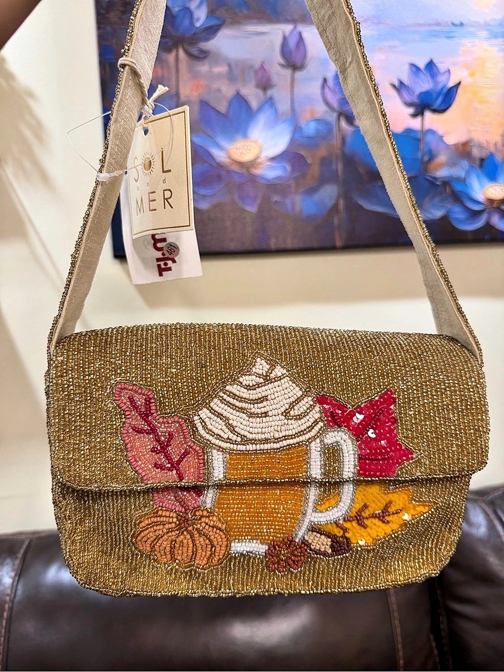 Sol and Mer Pumpkin Spice Fall Beaded Shoulder Bag Gold NWT